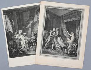 <b>Zwei Blatt französische Kupferstiche: Boudoirszene und Aktmodell im Atelier, 18. Jh.</b>