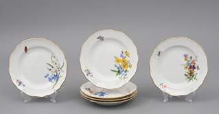<b>Sechs Dessertteller mit Hausmaleredekor, Meissen</b>